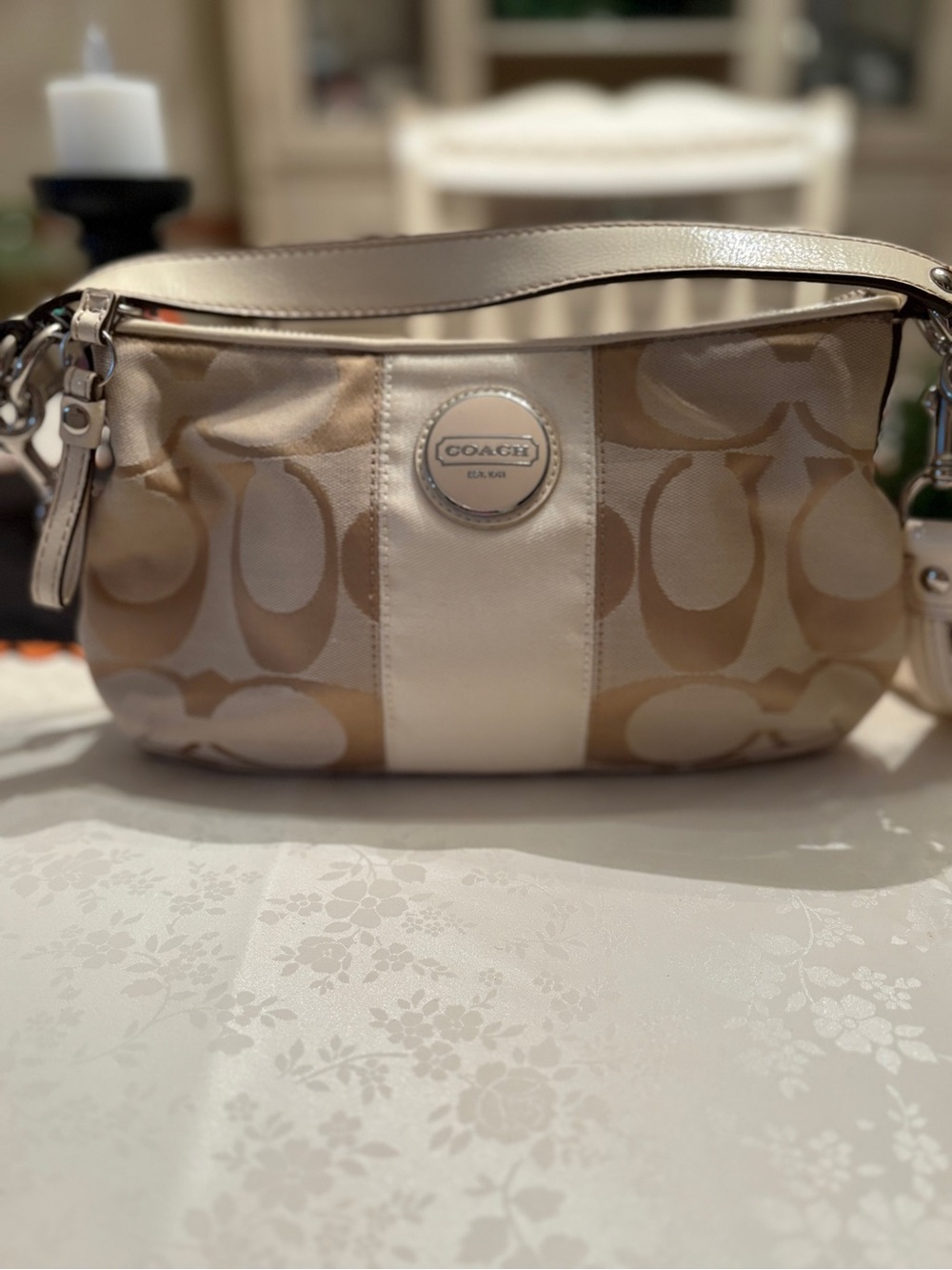 Coach Signature Beige Canvas Stripe Demi Cross- body handbag